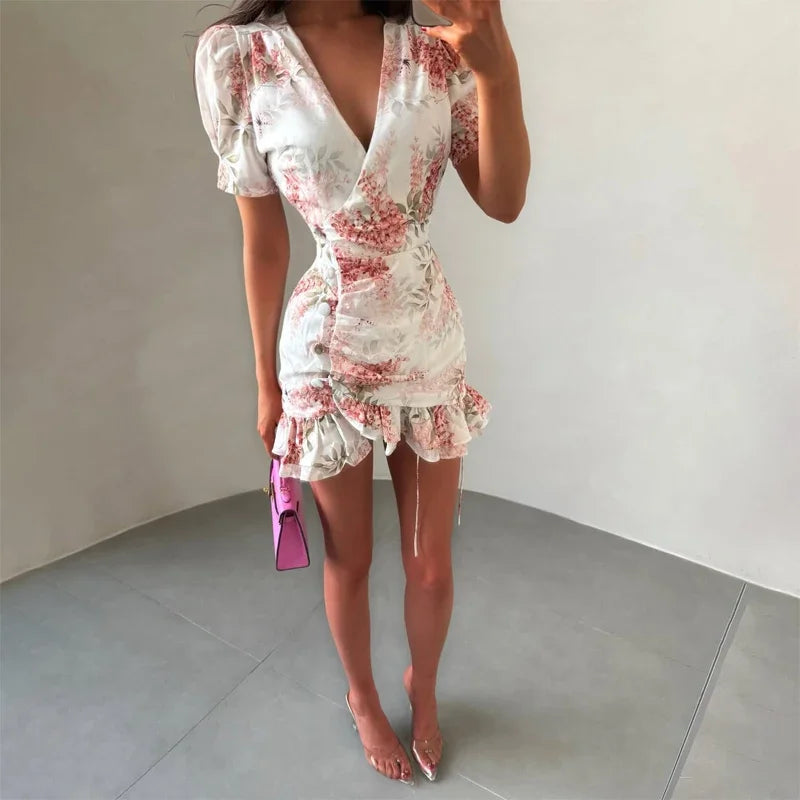 Chic Ruffle Print Slim Fit Dress Women Chic Flared sleeves V-neck Pleated Short Dresses 2026 Lady Summer Casual Daily Vestidos BAZAARHUBO