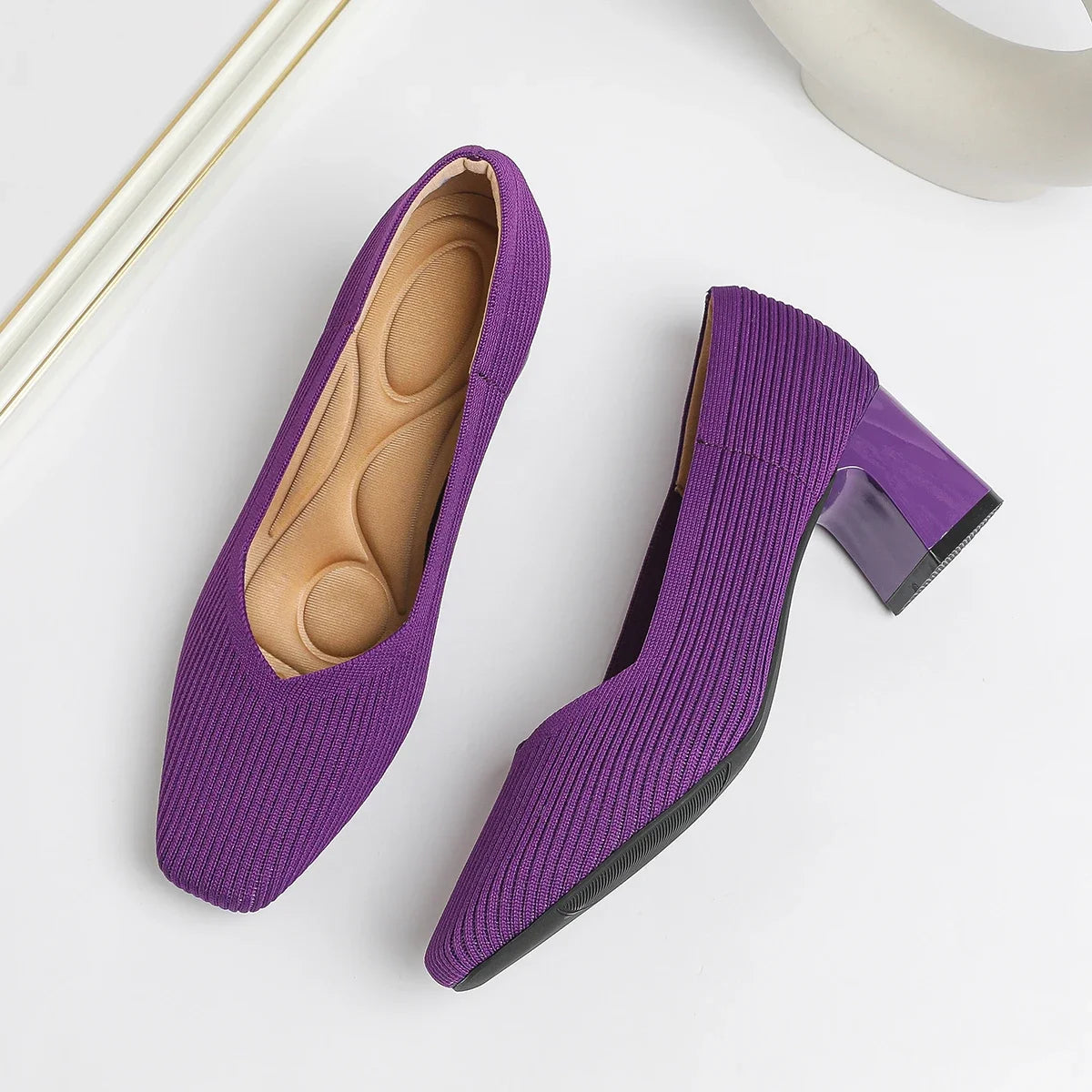 Shoes Woman High Heels Comfortable Square Knitted Breathable Comfortable Women's Flats Shoes (5cm High) 2025 New Collection