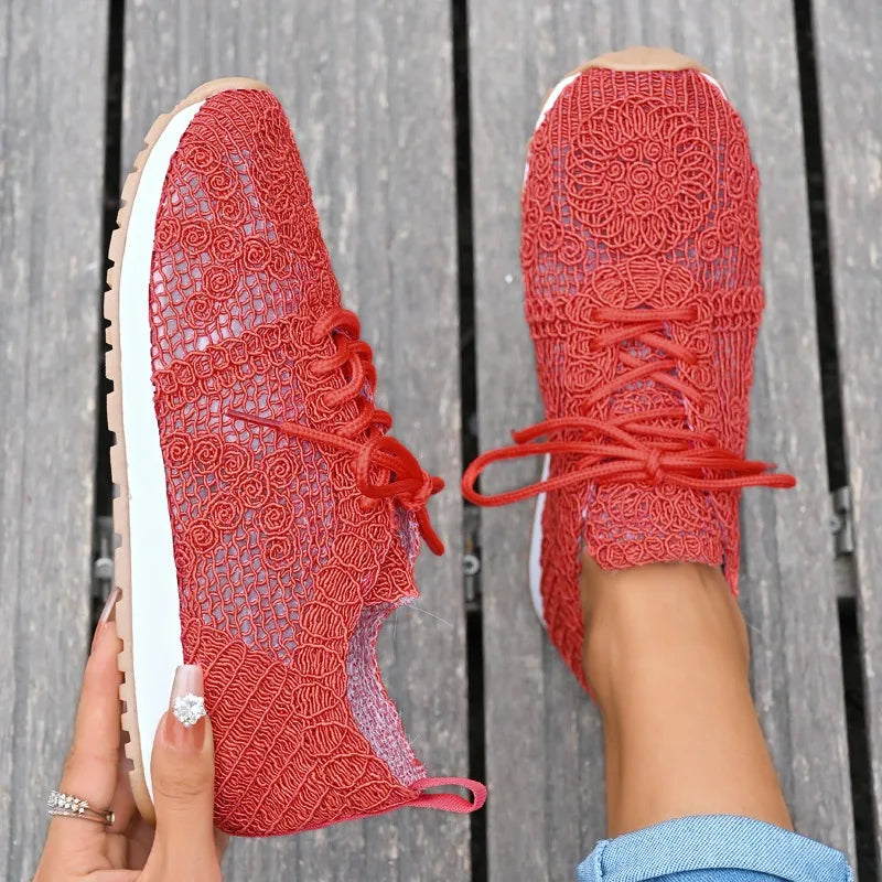 2026 Brown Knit Breathable Womens Sneakers Shoes New Platform Flats Woman Plus Size 43 Non Slip Casual Shoes Mesh Tenis De Mujer