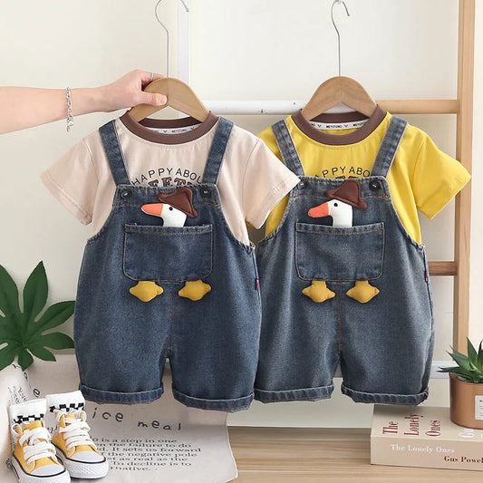 Children Clothing Baby Boys Girls Cartoon Duck T Shirt Denim Overalls 2Pcs/sets Kids Infant Casual Clothes Toddler Fashion Wear