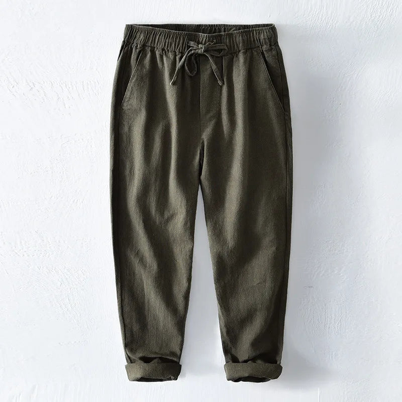 70% Linen,30% Cotton Men's Drawstring Elastic Waist Casual Pants, Straight Loose Ramie Trousers, Camping Fishing Comfortable