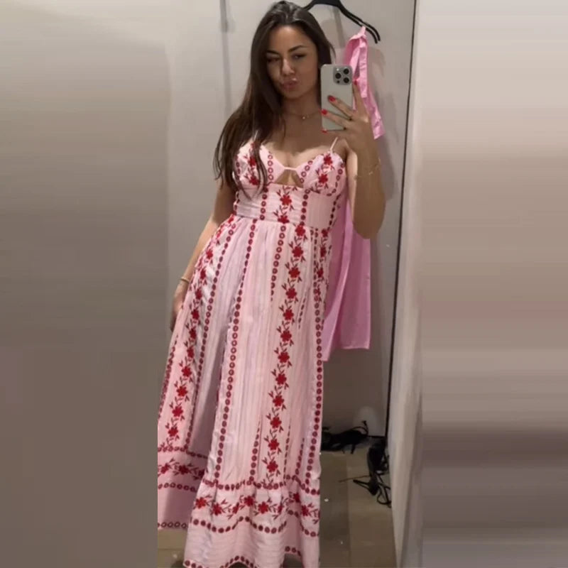 Fashion Women's Dress Halter Sleeveless Hollow Out Print Female Dresses 2026 Summer Vacation Holiday Beach Chic Sexy Lady Robe