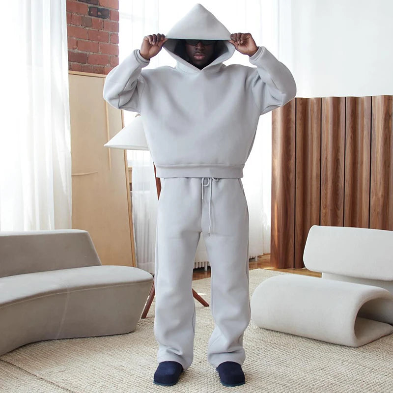 Men's Casual Solid Hooded Pullover Straight Pants 2 Piece Set Tracksuit For Fashion Loose Hoodies Sweatshirt Wide Leg Sweatpants