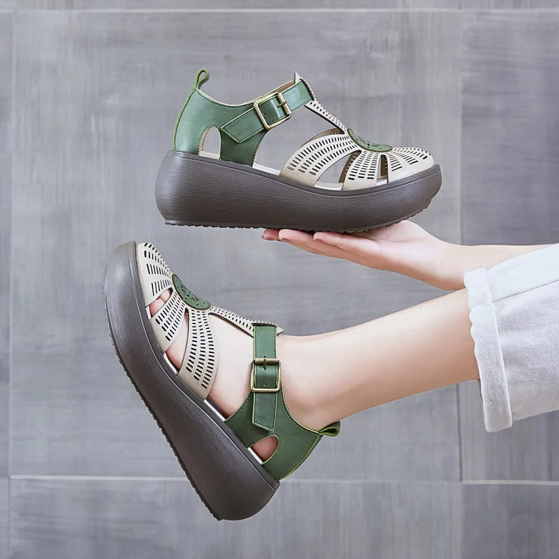 GKTINOO Genuine Leather Shoes Women Sandals Mixed Colors Retro Buckle Strap 2026 New Wedges Handmade Concise Platform Sandals