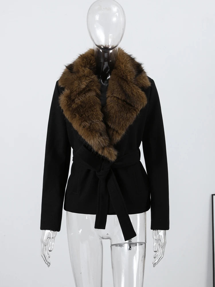 Faux Fur Collar Lace Up Woolen Overcoat Women Elegant Full Sleeve Waist Cinching Autumn Winter Bomber Coats Chic Lady Outerwears