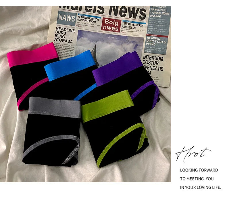 5Pcs/Set Sport Cotton Panties Women Middle Waist Briefs Girls Solid Color Underwear Breathable Underpants Color Blocked Triangle