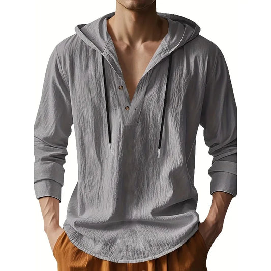 Men's Lightweight Linen Hooded Henley Shirt Casual Long Sleeve Button-Up Drawstring Solid Color
