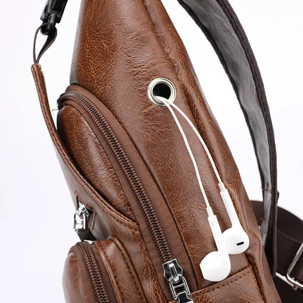 2024 Men's USB Chest Bag Designer Men Messenger Crossbody Package PU Leather Shoulder Bags Package Travel Chest Bag Bolso Hombre