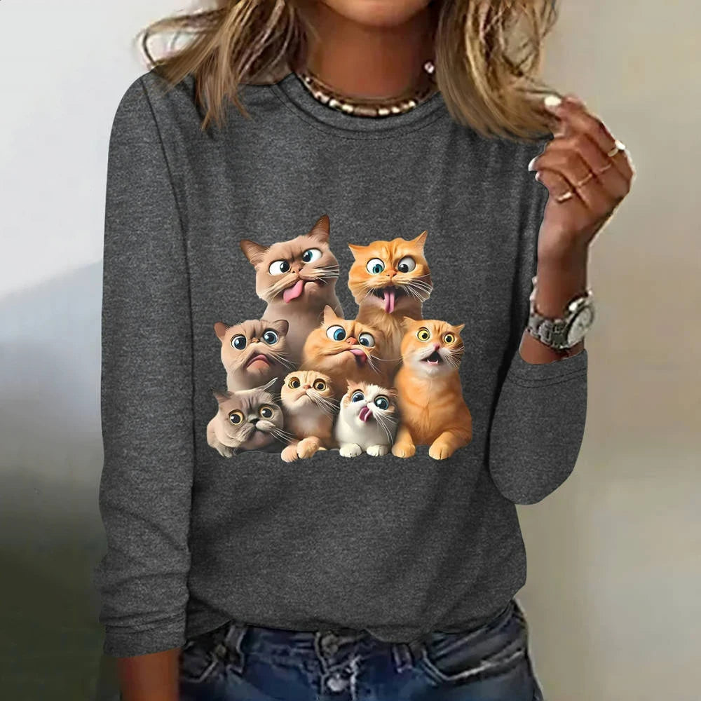 Womens Cat Print Loose T-Shirt Animal Print Long Sleeve Shirt Fashion Clothing 2024 Ladies Cute Print Long Sleeve