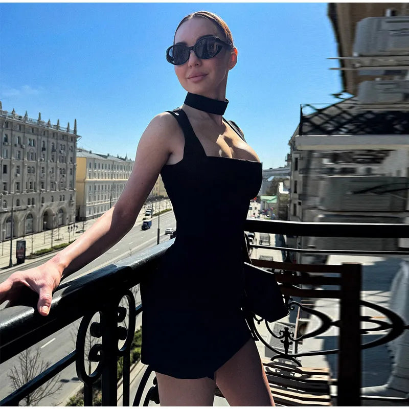 Sexy Printed Sling Waistband Dress Women Urban Sleeveless Square Collar Closed Waist Mini Dress Female 2026 Summer Lady Robes