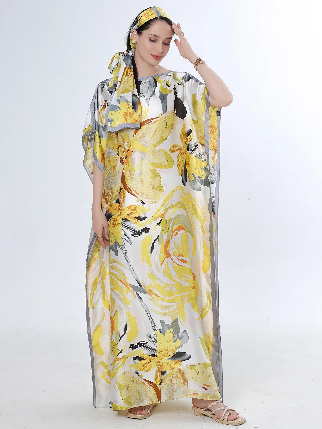 Summer New Fashion African Dresses For Women Elegant Printed Silk Muslim Lady Long Hijab Kaftan Dress Oversize Kuwait Abaya