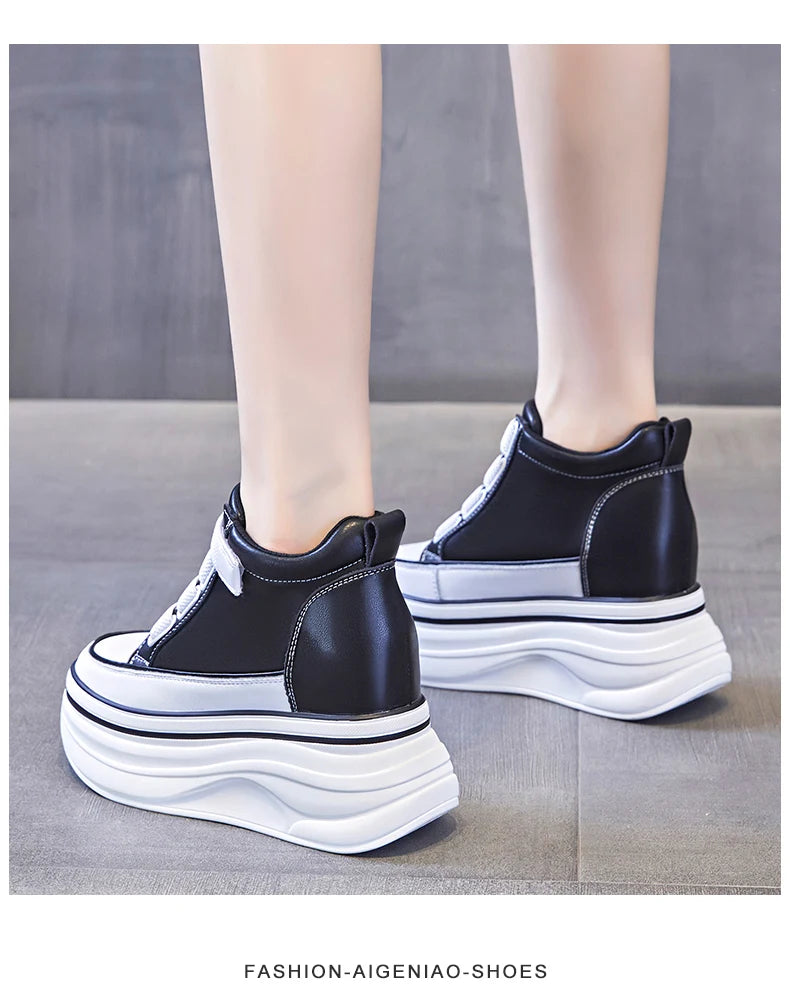 10cm Genuine Leather Platform Wedge Mid Calf Ankle Motorcycle Booties Non Slip Hidden Heel New Women Slip-On Autumn Spring Shoes