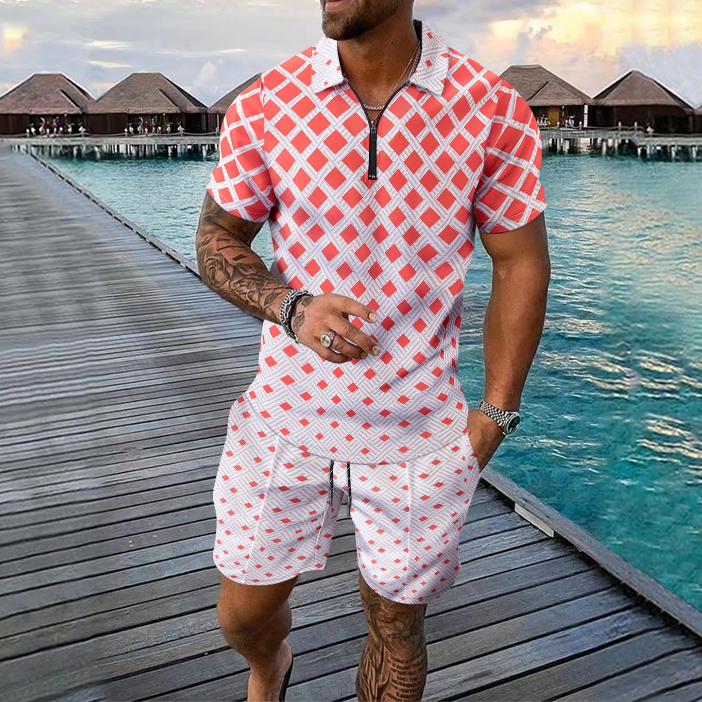 Interesting Men's Short Sleeved Set 3D Checkered Printed Fashionable Zipper Polo Shirt Suit Loose Summer T-shirt Set Ropa Hombre