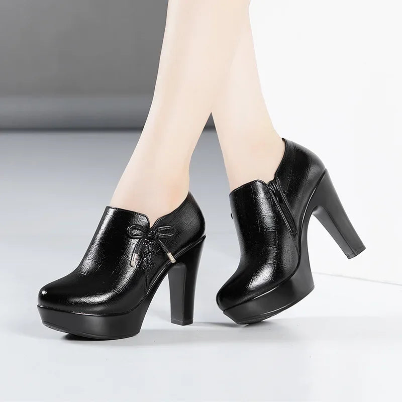 10cm Small Size 32-43 Elegant Black Bow Deep Mouth Thick Bottom Platform Pumps 2026 Winter Block High Heels Shoes Office Model