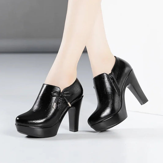 10cm Small Size 32-43 Elegant Black Bow Deep Mouth Thick Bottom Platform Pumps 2026 Winter Block High Heels Shoes Office Model