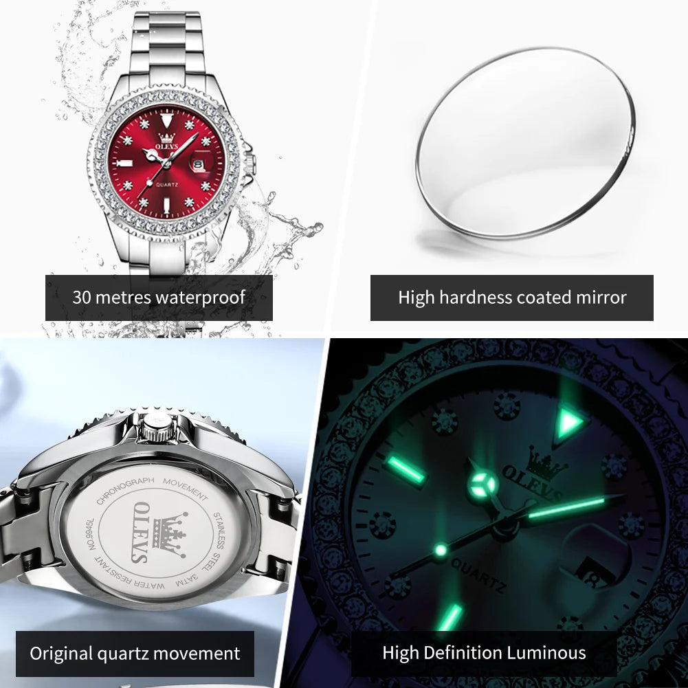 OLEVS New Elegant Women Wristwatch Waterproof Luminous Calendar Ladies Watch Stainless Steel Red Quartz Women's Watches Female