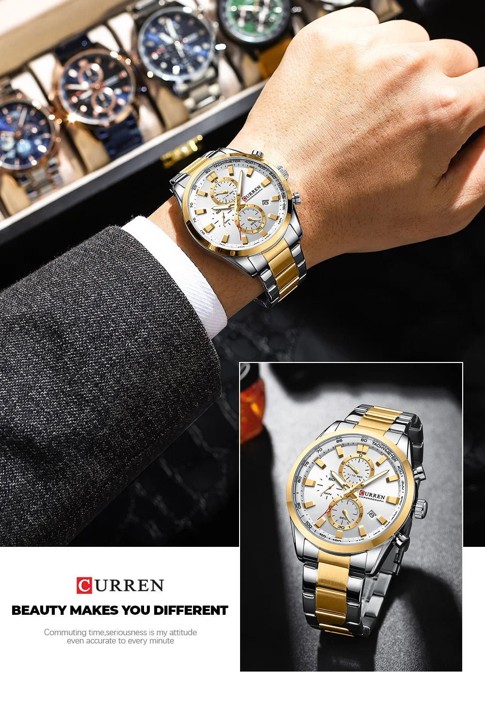 CURREN  New Sports Multifunction Stainless Steel Band Watches Fashion Brand Quartz Men's Wristwatches with Date