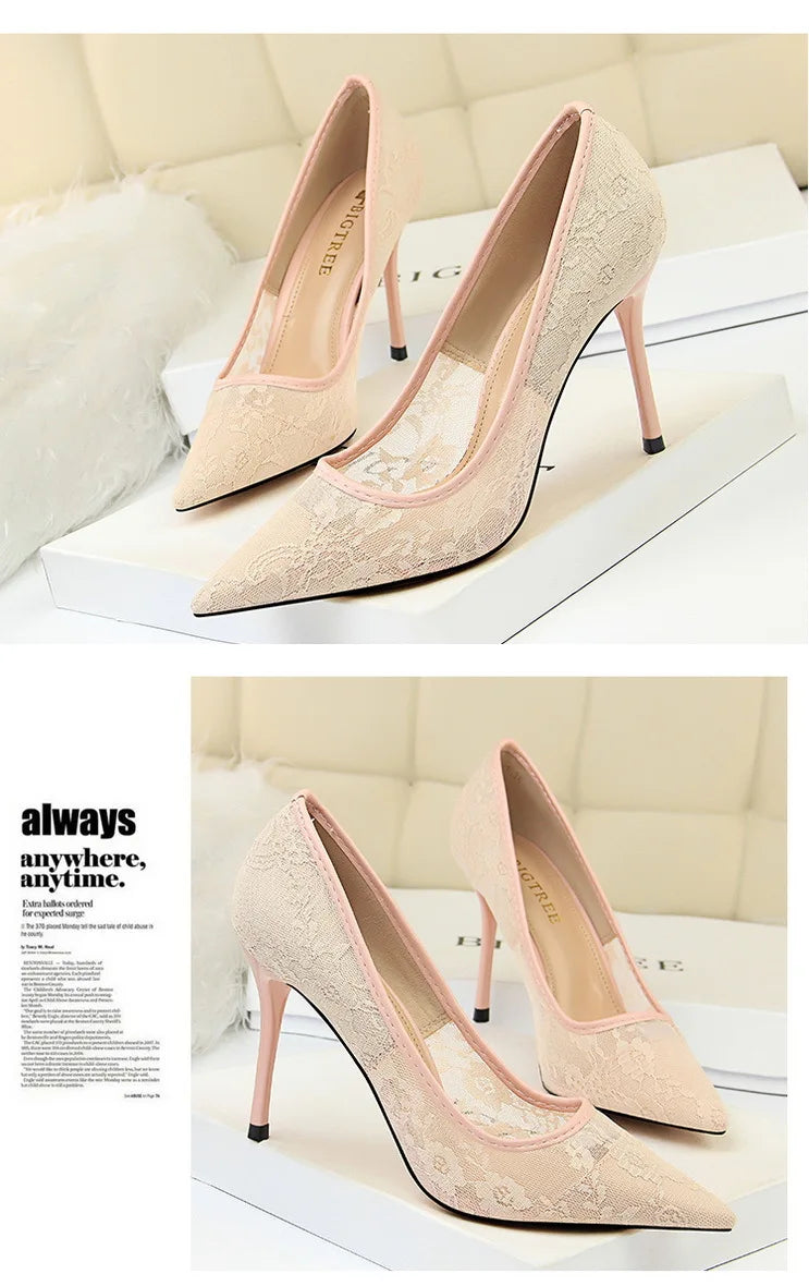 Women Fashion Sexy Pumps High Heels Shoes Female Sexy Wedding Shoes Ladies Stiletto Women New Pointed Toe Mesh Hollow Lace Heels