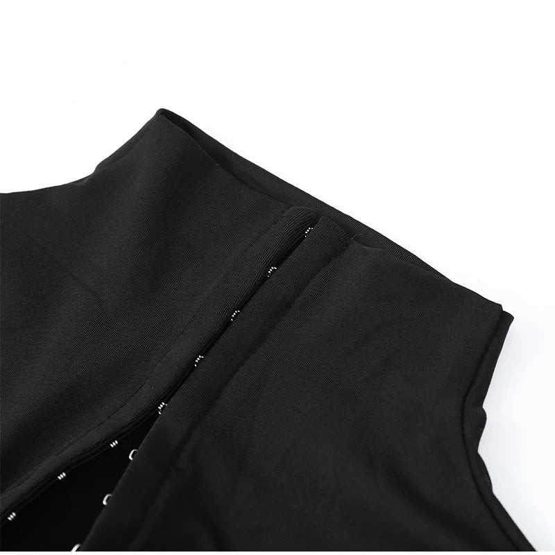 Y2k Black Hollow Out Slit Dress Women Solid Short Sleeve High Neck Slim Fit Maxi Dresses Lady Fashion Evening Party Club Robe
