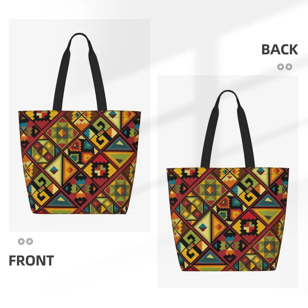 African Ankara Prints Grocery Shopping Tote Bags Women Geometric Ethnic Art Canvas Shoulder Shopper Bags Big Capacity Handbag