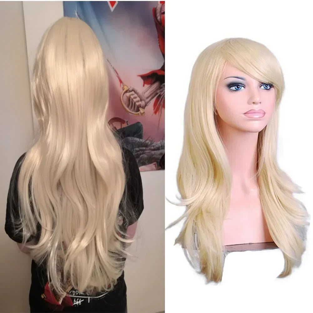 QQXCAIW Long Wavy Cosplay Wig Red Green Purple Pink Black Blue Sliver Gray Blonde Brown 70 Cm Synthetic Hair Wigs