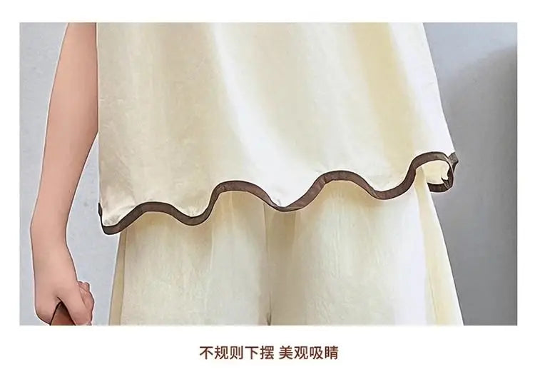 Girls Clothing Sets Fashion Summer Kids Loose Sleeveless Tshirts + Wide Pants 2PCS Casual Children Clothes 6 8 10 12 14 Years