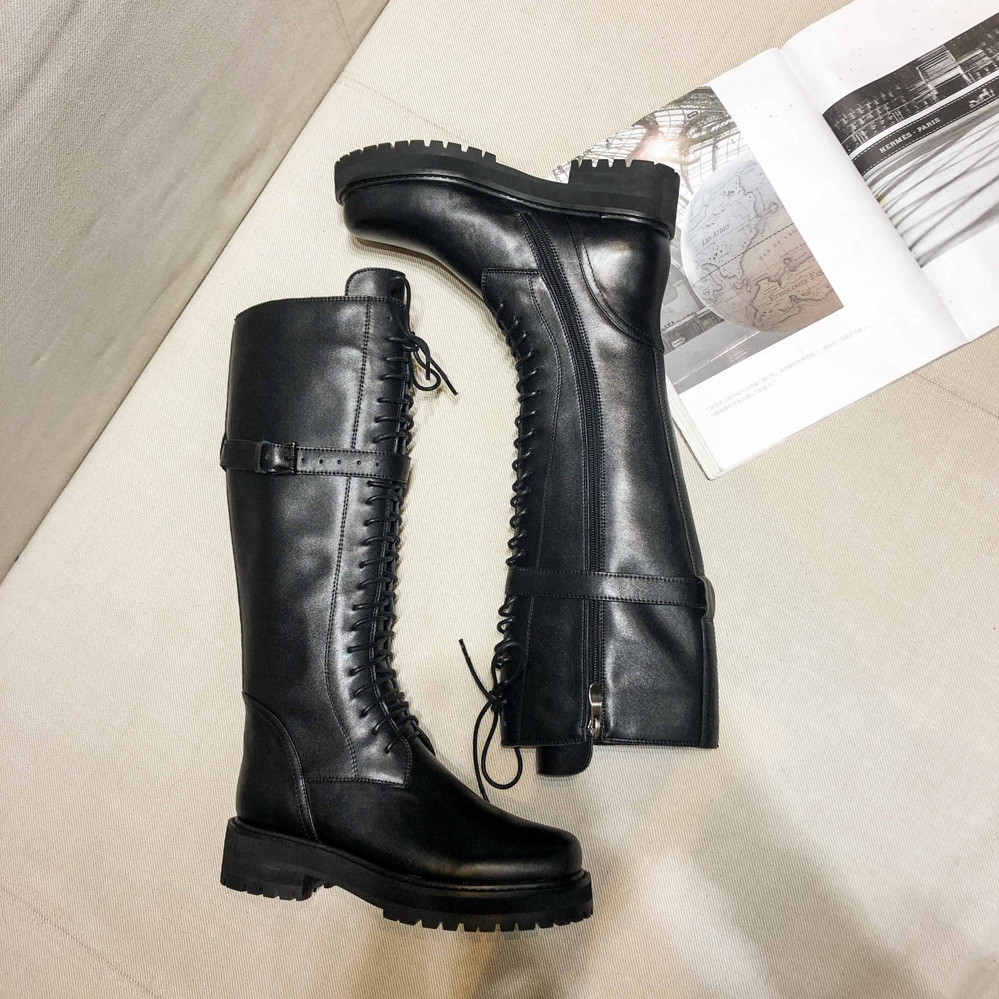 Krazing Pot Big Size Genuine Leather Lace Up Med Heels Round Toe Punk Superstar Riding Boots Buckle Fastener Over-the-knee Boots