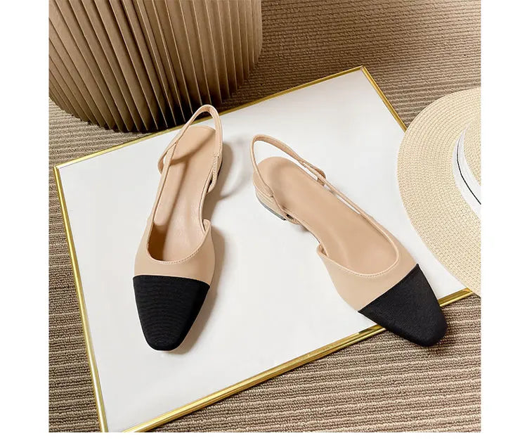 2023Spring Autumn Fashion High Heels Sandals Women's Dress Square Toe Slingback Shoes Women's Color Block Back With Flat Sandals