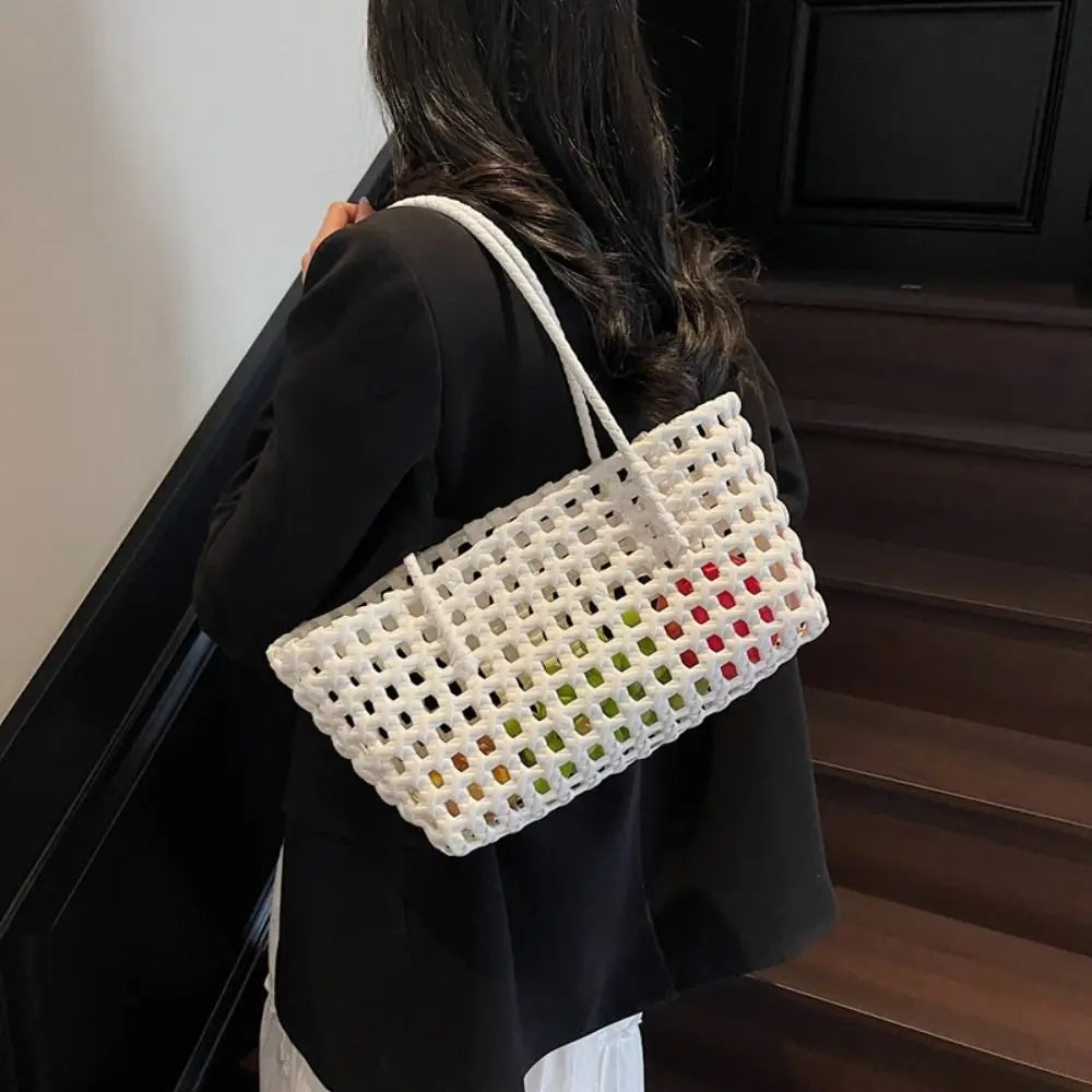 Simple Woven Women's Shoulder Bag Solid Color Large Capacity Tote Bag Hollow Handbag