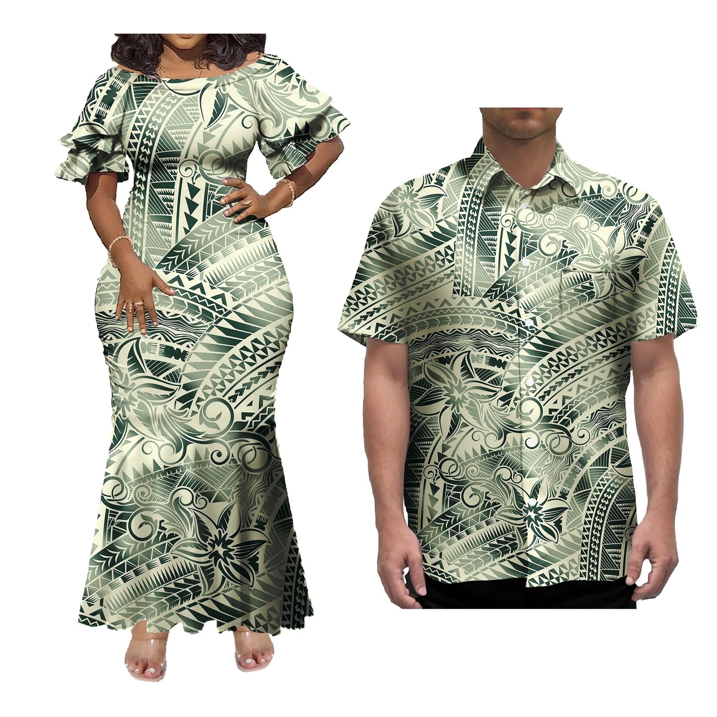 Mermaid Dress And Buttons Shirt Polynesian Couple 2 Pcs Set Plus Size Party Samoan Puletasi Matching Couple Outfits