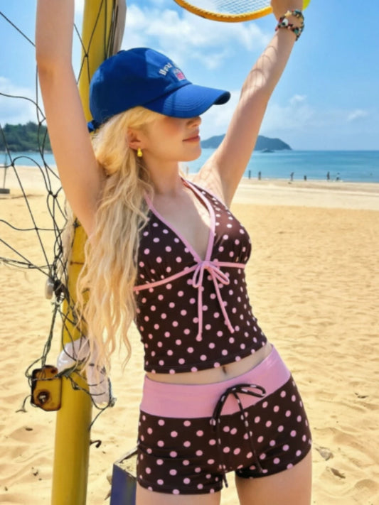 Summer Beach Swim Outfits Women Halter V-Neck 2-Piece Tankini Tie Camisole Top Slim Contrast Waistband Seaside Pool Suits