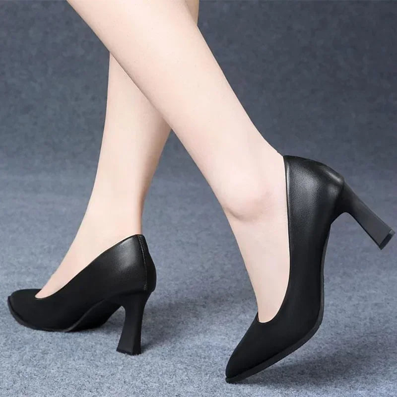 Black Women's Pumps 6-8cm Heel Soft PU Leather Non-slip Single Shoe Professional Interview High Heels Mid Heeled Work Shoes