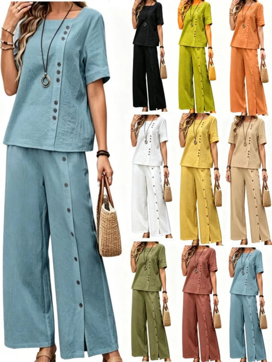 New Popular Cotton and Linen Fashion Casual Loose Two-piece Set Short Sleeved Top Button Loose Wide Leg Pants Women's Clothing