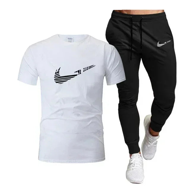 Summer Sports Men's Jogging Pure cotton T-shirt + thin long Pants 2-piece breathable and quick-drying set