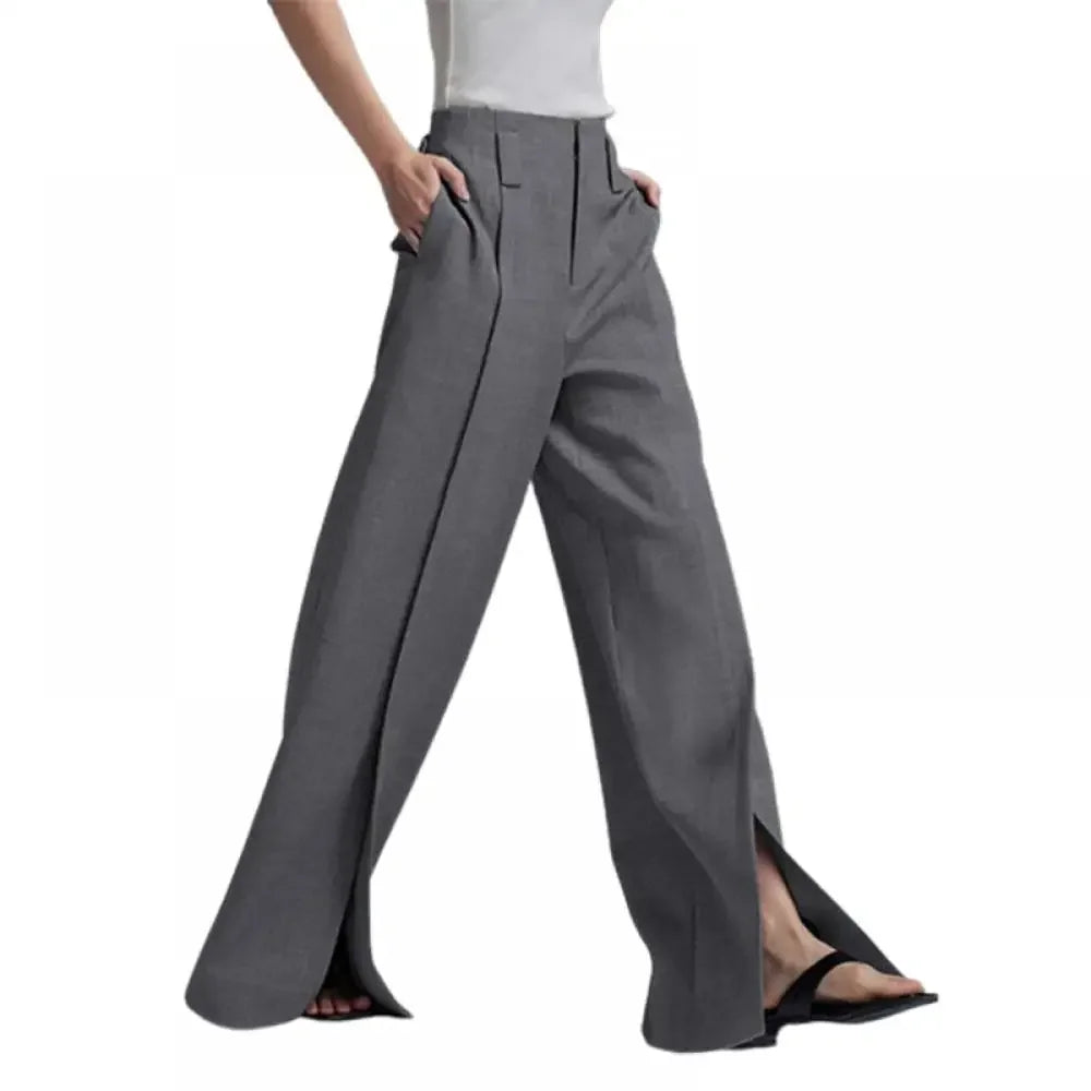 Yeezzi Women Business Suit Pants High Waist Pleated Split Front Trousers Black