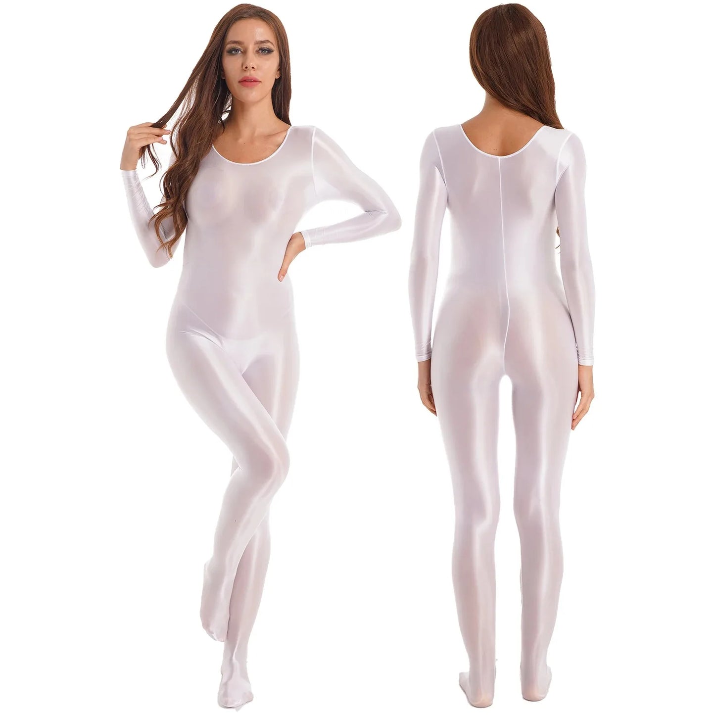 Women's Sexy Jumpsuits Long Sleeves Shapping Bodysuit Tight Elastic Oil Glossy Candy Color Unisex Leotard Exotic Club Clothing