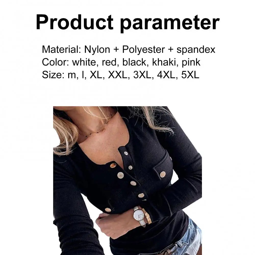 Women Sexy Solid Color Long Sleeve Blouse Plus Size Slim Buttons Ribbed Low-cut Blouse