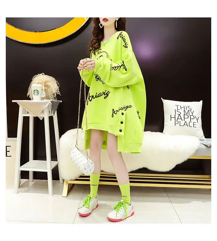 Spring Autumn Y2K Harajuku Printed Sweatshirts Women Round Neck Long Sleeve Mid-length Pullovers Korean Button Asymmetrical Tops