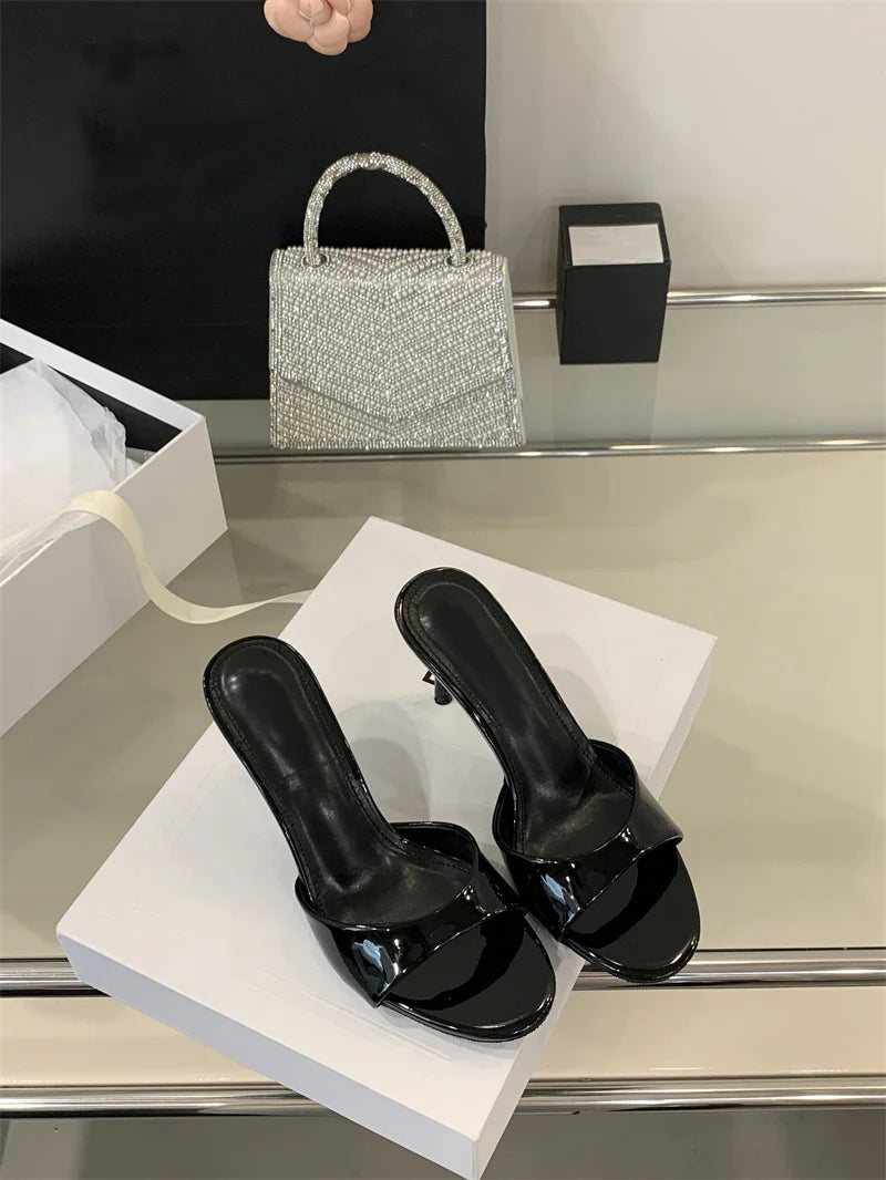 Liyke White Patent Leather Women Slippers Sandals Fashion Round Open Toe Thin High Heels Mules Slides Summer Party Dress Shoes