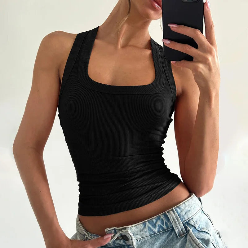 Summer Fashion Sexy European Women's U-Neck Solid Color Slim Fit Crop Top for Women Trendy Small Vest with Work Design