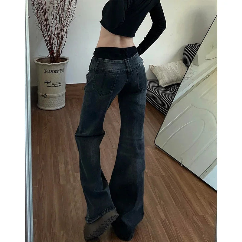 American Style Spicy Girl Design with Patchwork Micro Flared Jeans Women's Retro Washed Vintage Versatile Pants