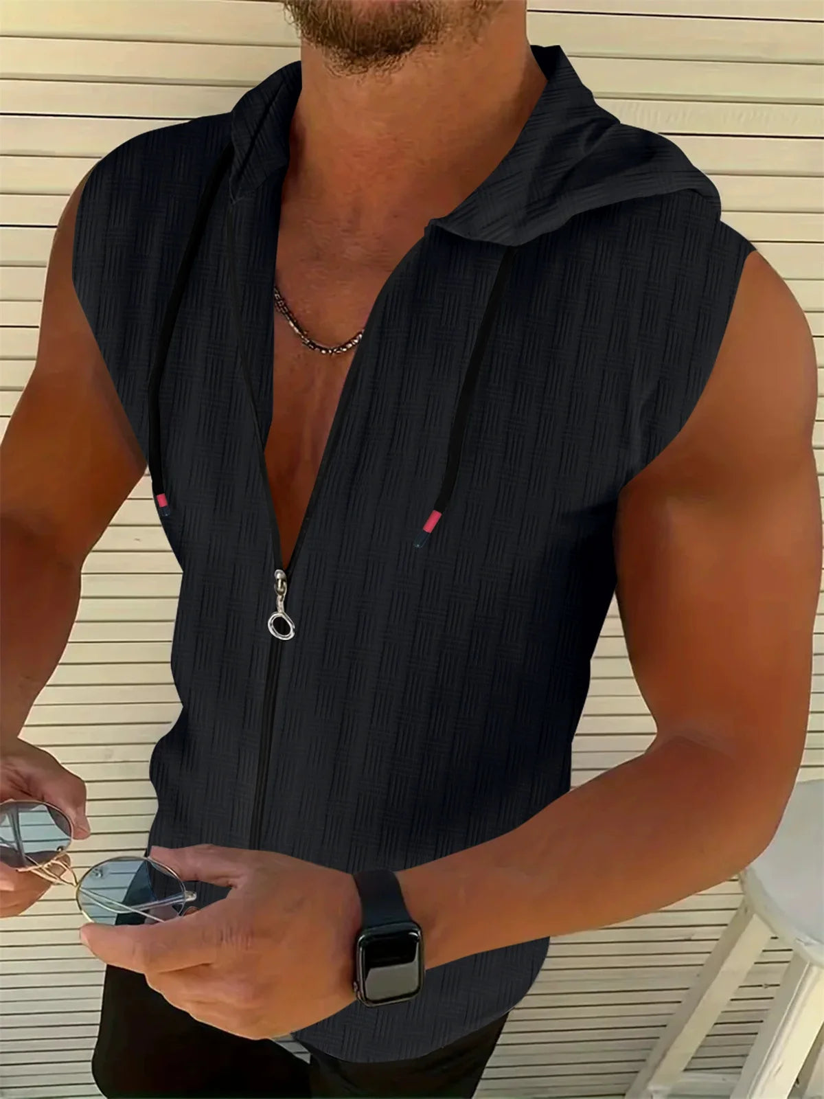 New Summer Sleeveless Zippered Jacquard Sportswear For Men  Fashionable Casual Men's Sportswear Breathable Shirt