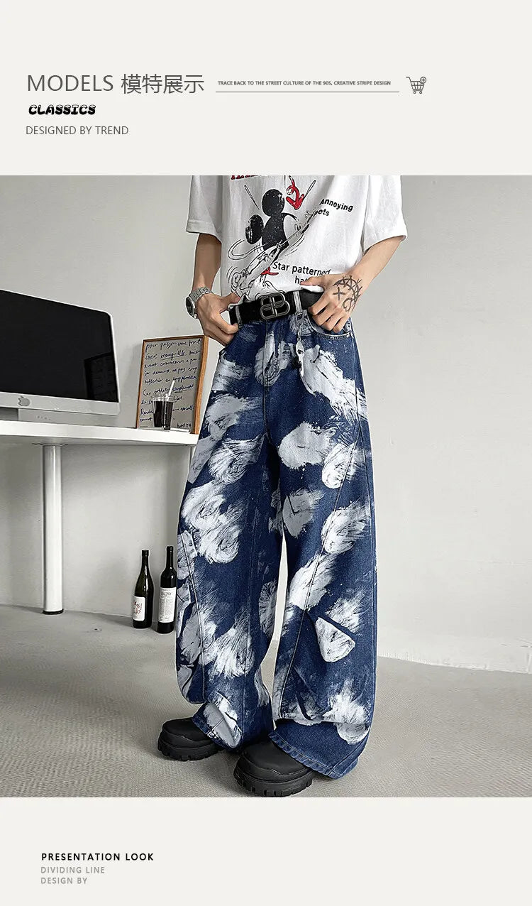 Straight Loose Fit Printed Streetwear Jeans Unisex Urban Fashion Trendy Casual Denim Pants mens Hip Hop Oversized Comfort 2023