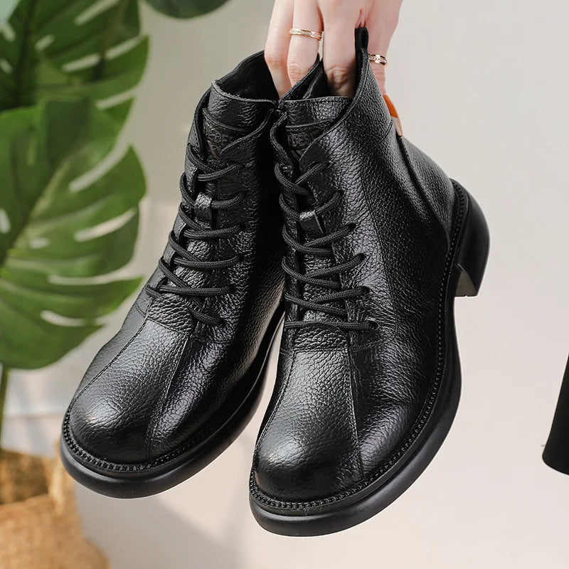 Xiuteng Autumn New Cowhide Mid-Heel Soft-Soled Women's Short Boots Retro Casual Leather  Boots Warm Women's Cotton Shoes