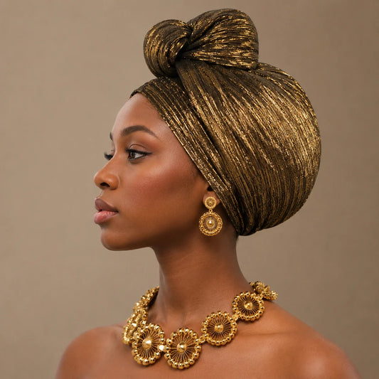 Metallic Shimmer Knotted Turban Head Wrap Women Stretch Crinkled Fabric Pre-Tied African Style Headscarf Daily Party Fashion Cos