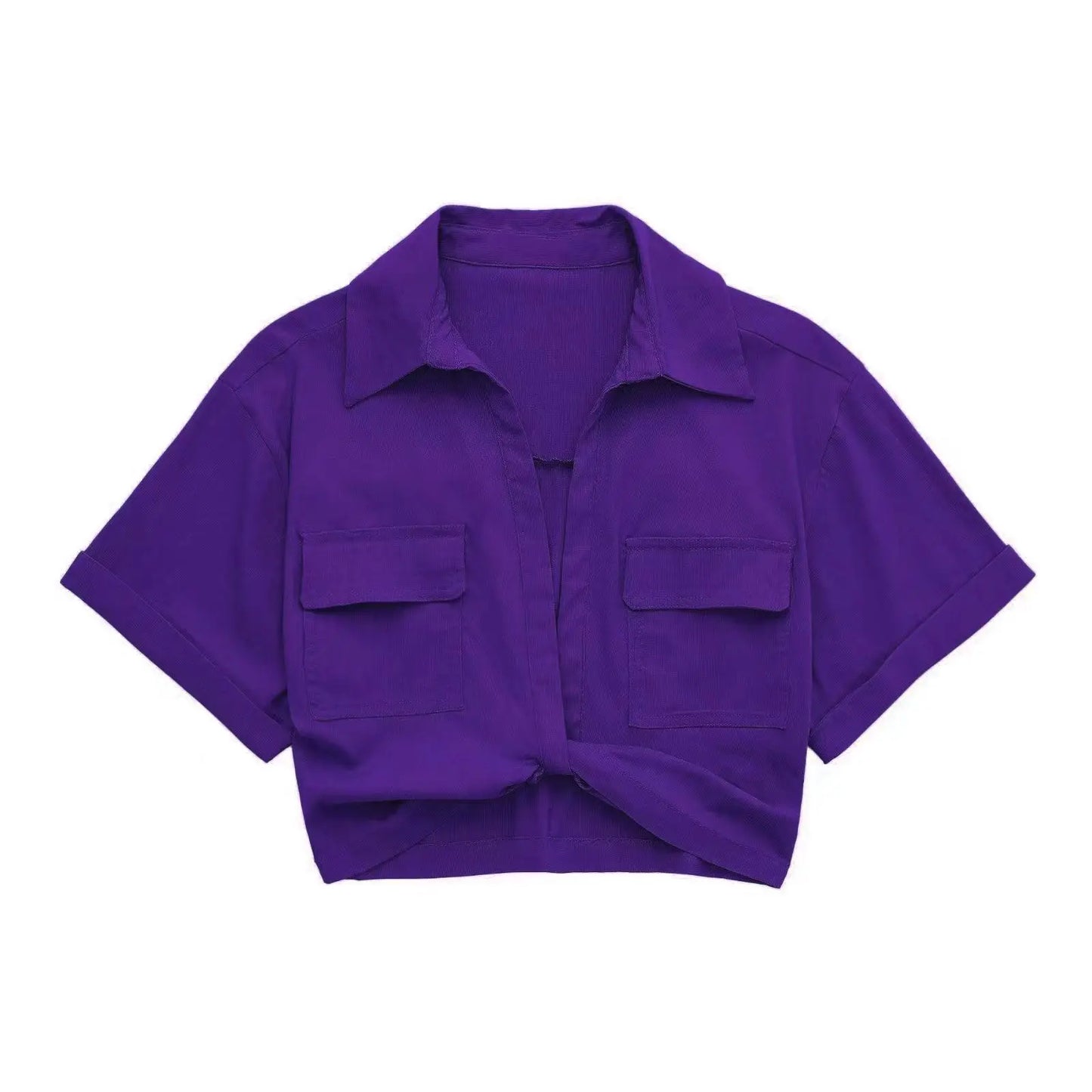 Women Fashion Front Knot Elastic Linen Cropped Shirts Vintage Short Sleeve Patch Pockets Female Blouses Blusa Chic Tops