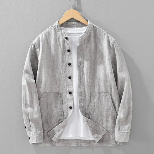 Japanese Retro Casual Linen Top Men's Autumn Loose Stand Collar Fashionable Gradient Color Small Coat Top