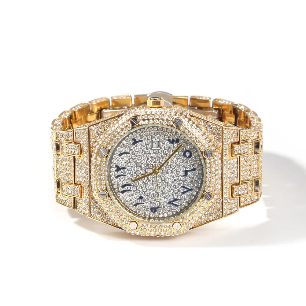 UWIN Hip Hop Stainless Steel Wristwatches for Men Full Iced Out Stones Fashion Luxury Zircon Quartz Square Watches for Gift