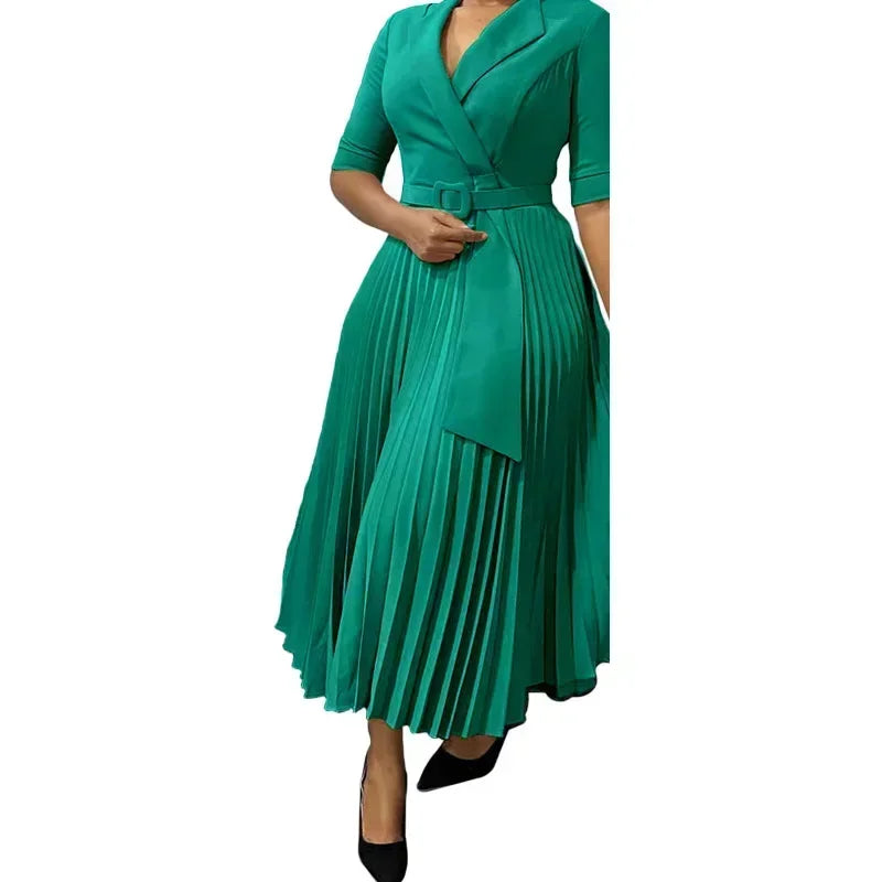 New Dashiki African Dresses for Women Spring Autumn Elegant Half Sleeve V-neck Pleated OL Style Midi Dress African Clothes Femme