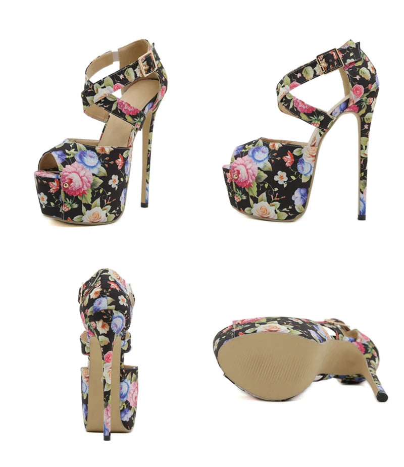 Liyke Runway Sweet Style Sexy Peep Toe 16CM Extreme High Heels Strip Pole Dance Shoes Fashion Print Flowers Platform Women Pumps